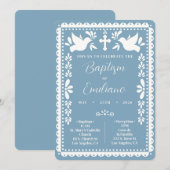 Papel Picado Doop Uitnodiging Blauw Mexicaans Fees (Voorkant / Achterkant)