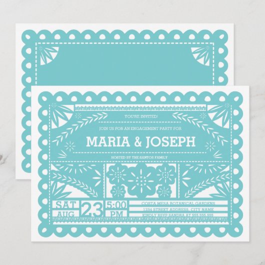 Papel Picado Engagement Party Invite - Blue Kaart (Voorkant / Achterkant)