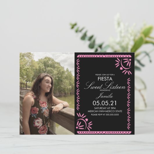 Papel Picado Fiesta Sweet 16 Mexicaanse roze foto Kaart (Staand voorkant)