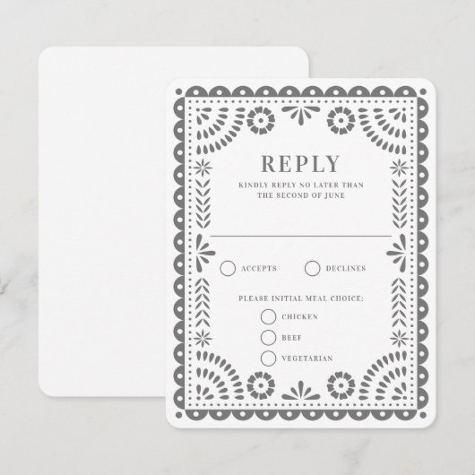 Papel Picado Gray | RSVP-kaart voor weduwenantwoor RSVP Kaartje (Voorkant / Achterkant)