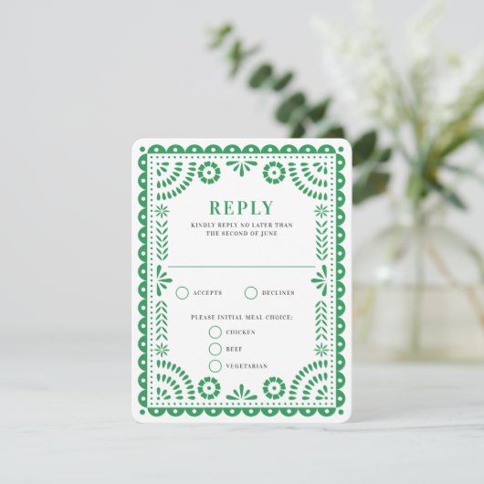 Papel Picado Green | RSVP-kaart voor weduwenantwoo RSVP Kaartje (Staand voorkant)