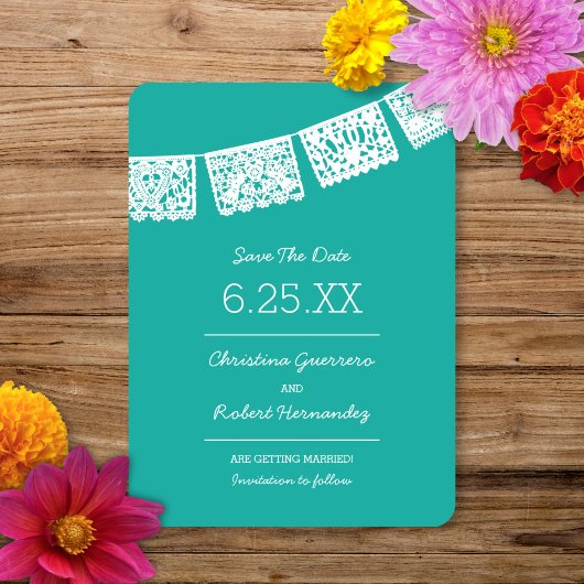 Papel Picado Helder Aqua | Trouwkaart Save The Dat Save The Date
