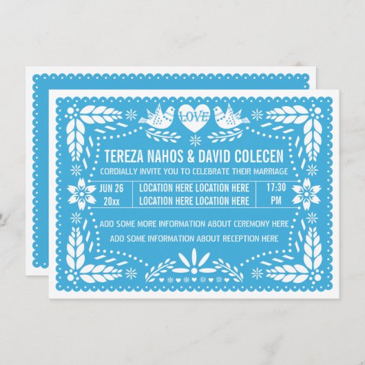 Papel picado houdt van blauwe bruiloft kaart (Voorkant / Achterkant)