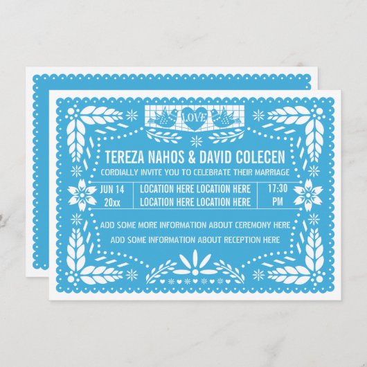 Papel picado houdt van blauwe bruiloft kaart (Voorkant / Achterkant)