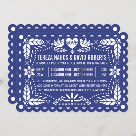 Papel picado houdt van donkerblauwe fista bruiloft kaart (Voorkant / Achterkant)