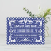 Papel picado houdt van donkerblauwe fista bruiloft kaart (Staand voorkant)