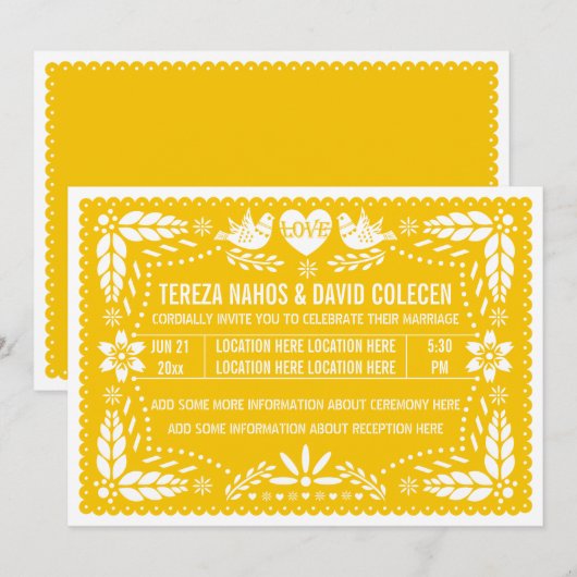 Papel picado houdt van geel huwelijk kaart (Voorkant / Achterkant)