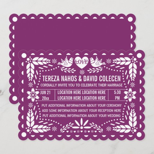 Papel picado houdt van paarse fiesta bruiloft kaart (Voorkant / Achterkant)