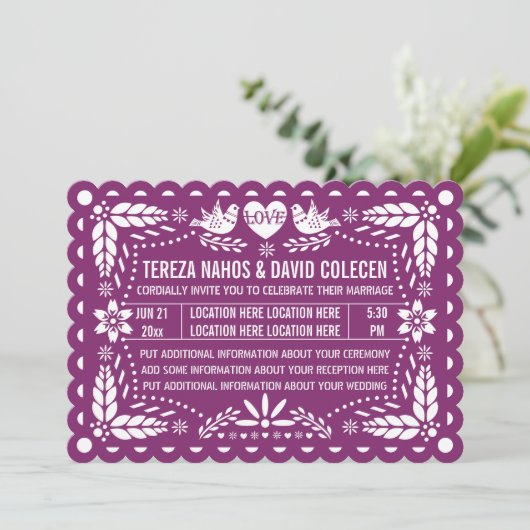 Papel picado houdt van paarse fiesta bruiloft kaart (Staand voorkant)