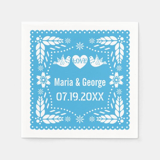 Papel picado liefde vogels blauwe bruiloft fiesta servet (Voorkant)