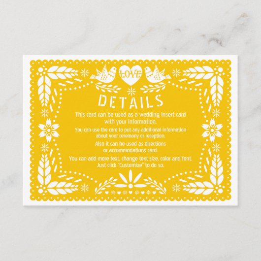 Papel picado liefde vogels geel bruiloft details informatiekaartje (Voorkant)