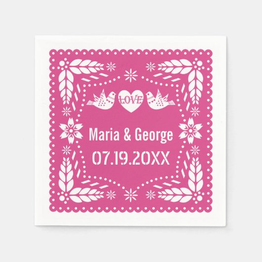Papel picado liefde vogels heet roze bruiloft fies servet (Voorkant)