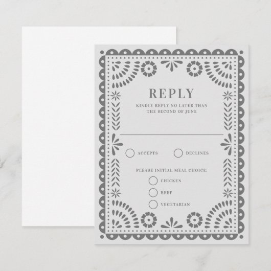 Papel Picado Light Grey | RSVP-kaart voor weduwena RSVP Kaartje (Voorkant / Achterkant)
