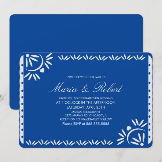Papel Picado Mexicaanse Botanische Trouwdag Blauw Kaart (Voorkant / Achterkant)