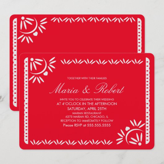 Papel Picado Mexican Botanical Wedding Red Kraft Kaart (Voorkant / Achterkant)