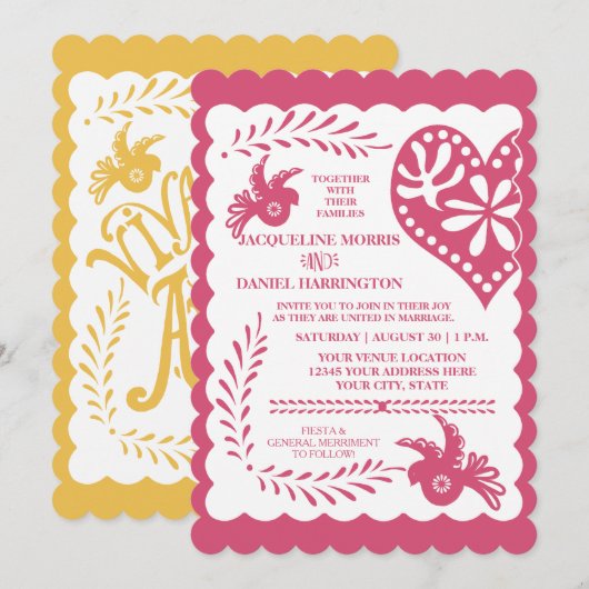 Papel Picado Mexican Fiesta Pink Yellow Wedding Kaart (Voorkant / Achterkant)