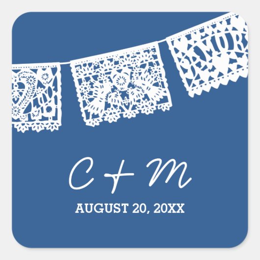 Papel Picado Navy Blauw | Bruiloft gunst Sticker (Voorkant)