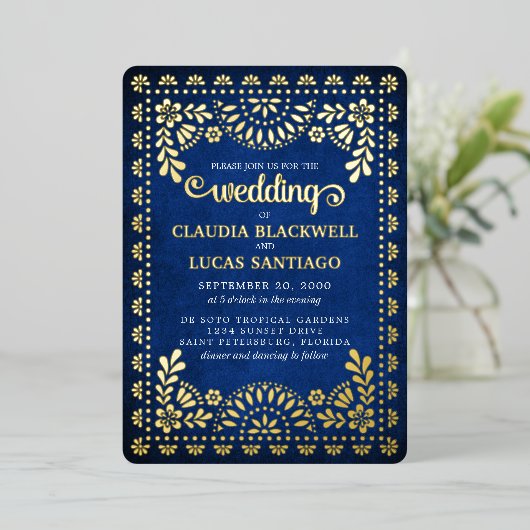 Papel Picado Navy Wedding Folie Uitnodiging (Staand Voorkant)