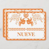 Papel Picado Nueve Nine Table Number Oranje Fiesta Kaart (Voorkant / Achterkant)