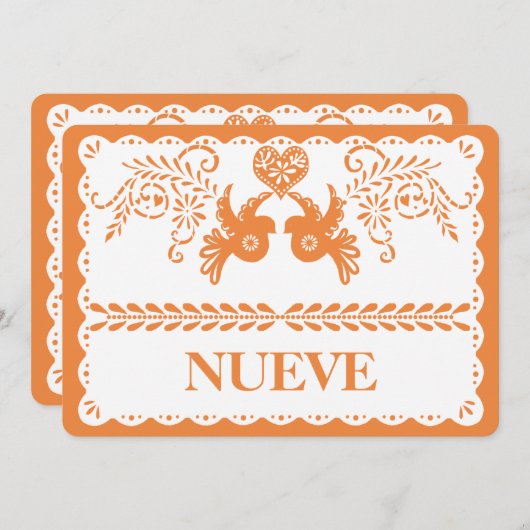 Papel Picado Nueve Nine Table Number Oranje Fiesta Kaart (Voorkant / Achterkant)