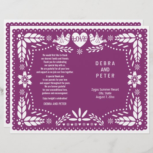 Papel Picado paars bruiloft fista vouwd programma (Voorkant / Achterkant)