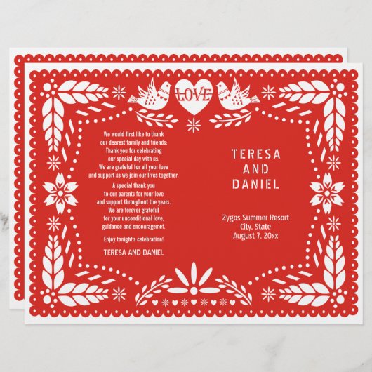 Papel Picado red bruiloft fista vouwd programma (Voorkant / Achterkant)