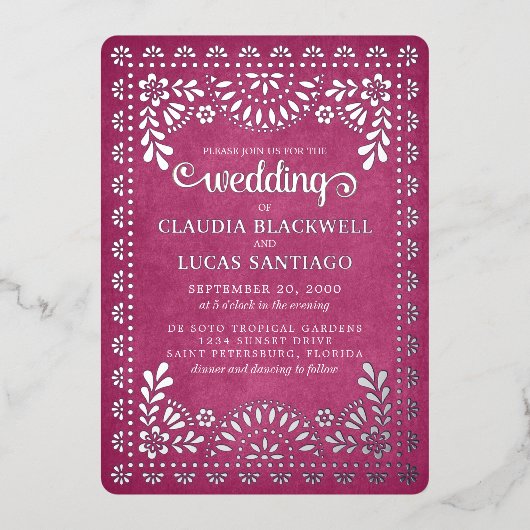 Papel Picado Roze bruiloft Folie Uitnodiging (Voorkant)