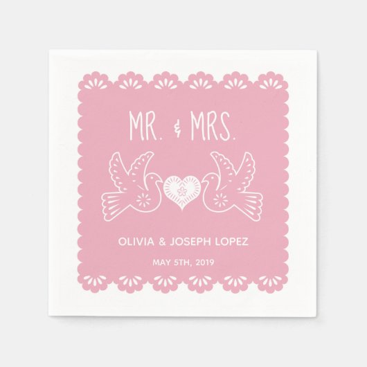 Papel Picado Roze Tortelduifjes Trouwfeest Servet (Voorkant)