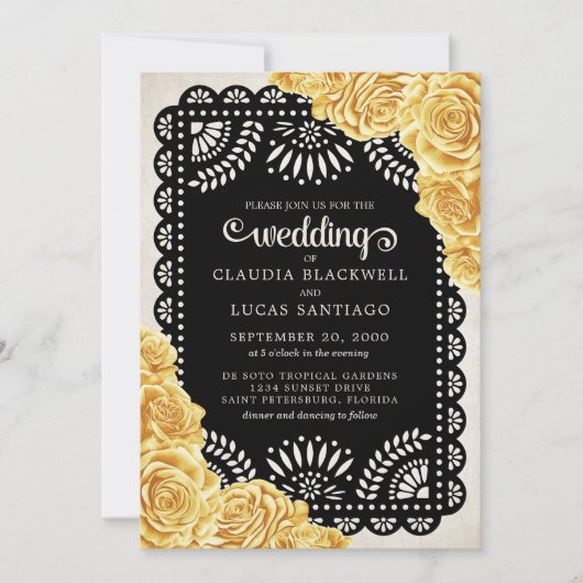 Papel Picado Rozen Geel Zwart Trouwen Kaart (Voorkant)