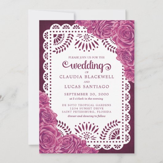 Papel Picado Rozen Roze Bourgondische bruiloft Kaart (Voorkant)