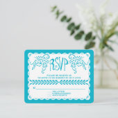 Papel Picado RSVP Blue Pool Fiesta Wedding Banner Kaartje (Staand voorkant)