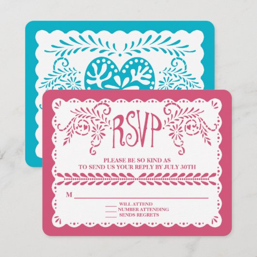 Papel Picado RSVP Roze Blue Fiesta Wedding Banner Kaartje (Voorkant / Achterkant)