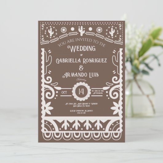 Papel Picado Rustic Brown & White Wedding Kaart (Staand voorkant)