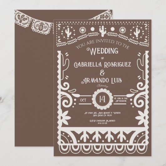 Papel Picado Rustic Brown & White Wedding Kaart (Voorkant / Achterkant)