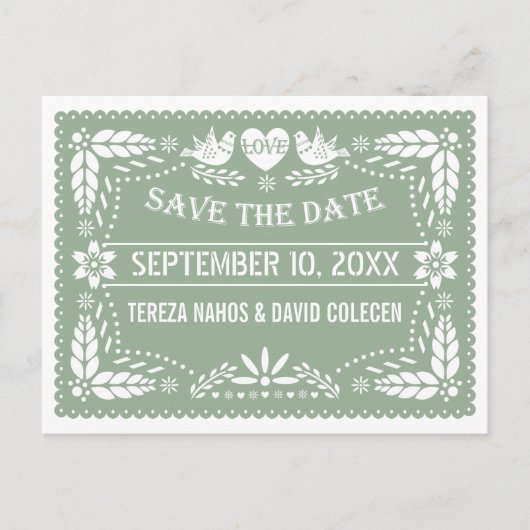 Papel picado saliegroen bruiloft Save the Date Aankondigingskaart (Voorkant)