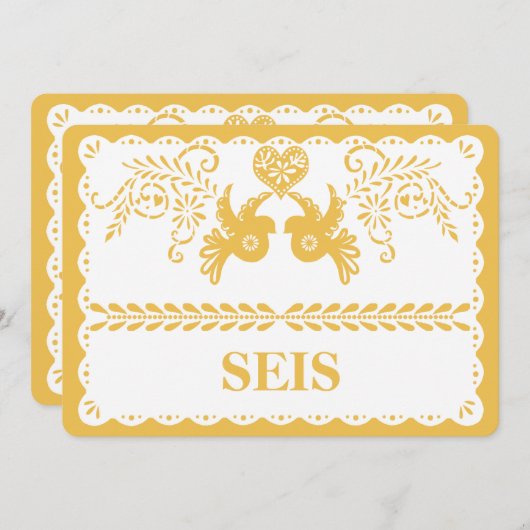 Papel Picado Seis Six Table Number Gold Fiesta Kaart (Voorkant / Achterkant)