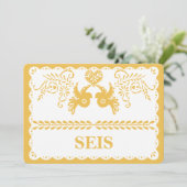 Papel Picado Seis Six Table Number Gold Fiesta Kaart (Staand voorkant)