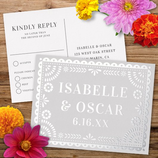 Papel Picado Silver Foil Wedding Reply RSVP Card Folie Feestdagen Briefkaart