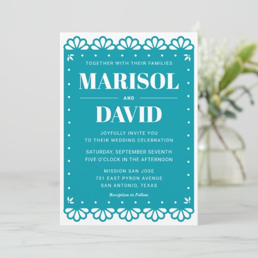 Papel Picado stijl bruiloft uitnodiging met duiven (Staand voorkant)