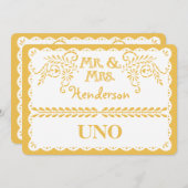 Papel Picado Table Number Gold Fiesta Weddenschap Kaart (Voorkant / Achterkant)