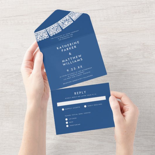 Papel Picado Wedding Banner Blue All In One Uitnodiging (Afscheurbaar)