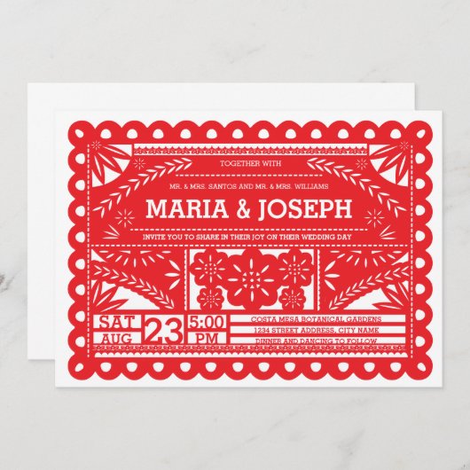 Papel Picado Wedding Invite - Rood Kaart (Voorkant / Achterkant)