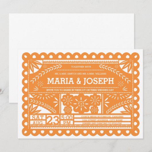 Papel Picado Wedding Invite - Sinaasappel Kaart (Voorkant / Achterkant)