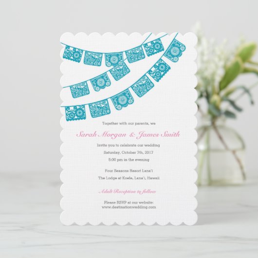 Papel Picado Wedding Party nodigt Blauwgroen uit Kaart (Staand voorkant)