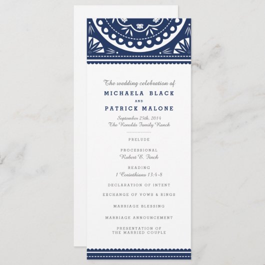 Papel Picado Wedding Program - Navy Programmakaart (Voorkant / Achterkant)