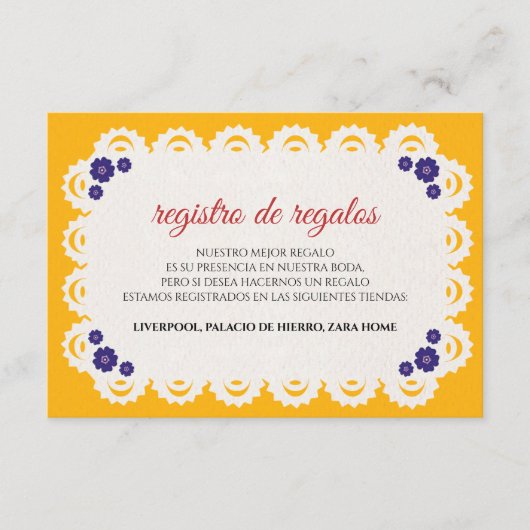 Papel Picado Yellow Nuestra Boda Spanish Wedding Informatiekaartje (Voorkant)