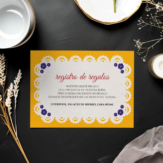 Papel Picado Yellow Nuestra Boda Spanish Wedding Informatiekaartje