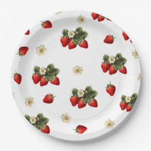 Papen borden met aardbeien met bloesem op wit papieren bordje