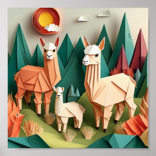 Paper Art Origami Alpacas Scene 3D Poster (Voorkant)