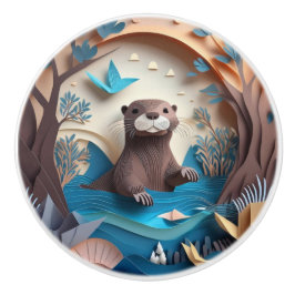 Paper Art Origami Otter in Water 3D Keramische Knop